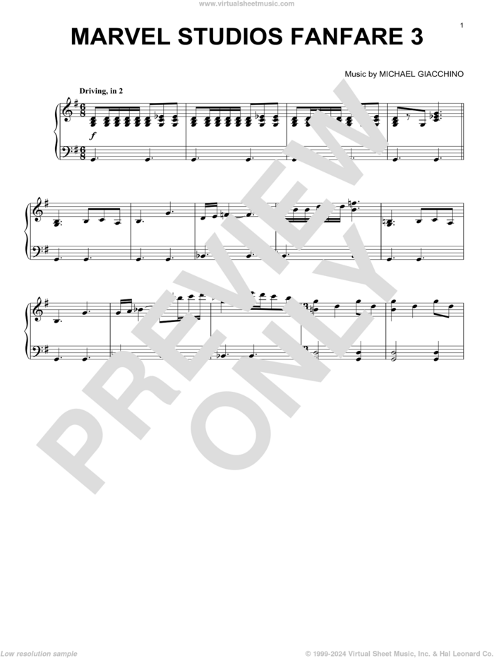Marvel Studios Fanfare 3 sheet music for piano solo by Michael Giacchino, intermediate skill level