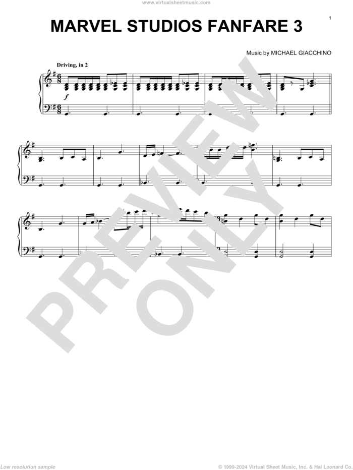 Marvel Studios Fanfare 3 sheet music for piano solo by Michael Giacchino, intermediate skill level