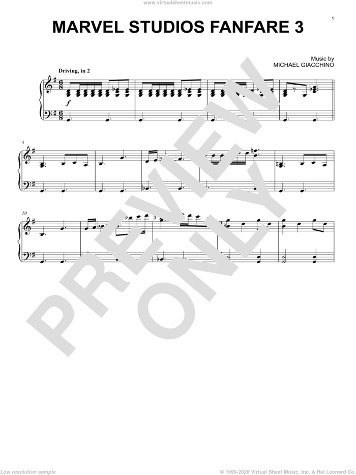 Marvel Studios Fanfare 3 sheet music for piano solo by Michael Giacchino, intermediate skill level