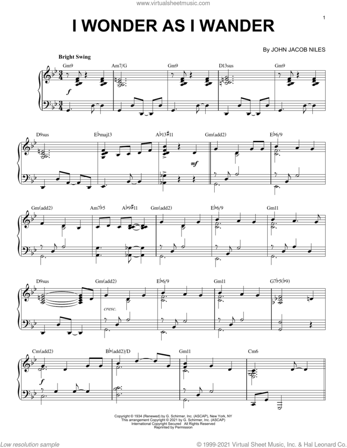 I Wonder As I Wander [Jazz version] (arr. Brent Edstrom) sheet music for piano solo by John Jacob Niles and Brent Edstrom, classical score, intermediate skill level