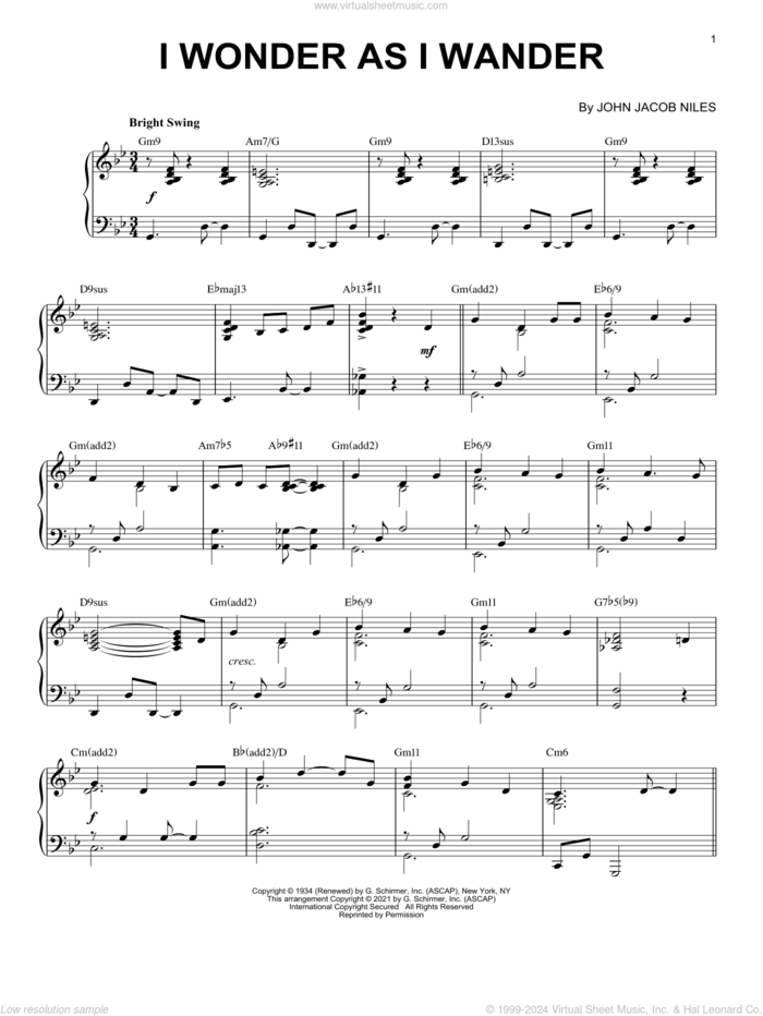 I Wonder As I Wander [Jazz version] (arr. Brent Edstrom) sheet music for piano solo by John Jacob Niles and Brent Edstrom, classical score, intermediate skill level