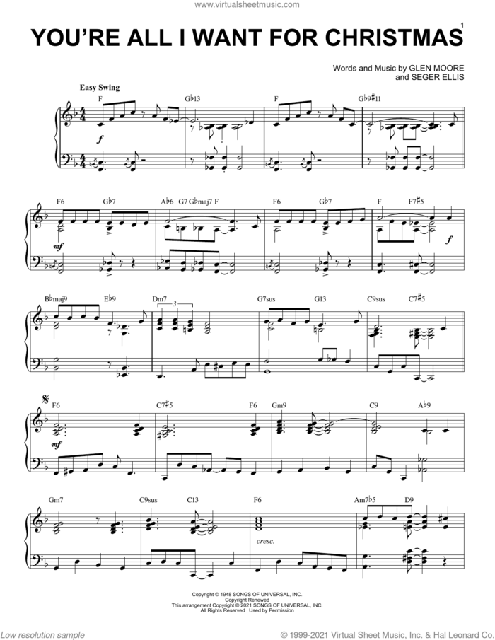 You're All I Want For Christmas [Jazz version] (arr. Brent Edstrom) sheet music for piano solo by Brook Benton, Brent Edstrom, Frank Gallagher, Glen Moore and Seger Ellis, intermediate skill level