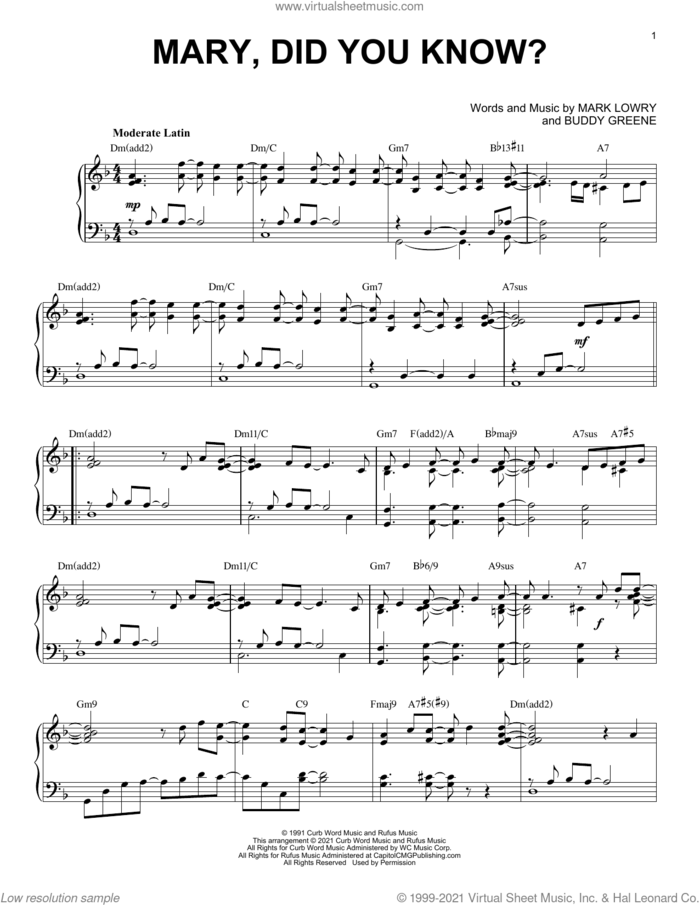 Mary, Did You Know? [Jazz version] (arr. Brent Edstrom) sheet music for piano solo by Kathy Mattea, Brent Edstrom, Buddy Greene and Mark Lowry, intermediate skill level
