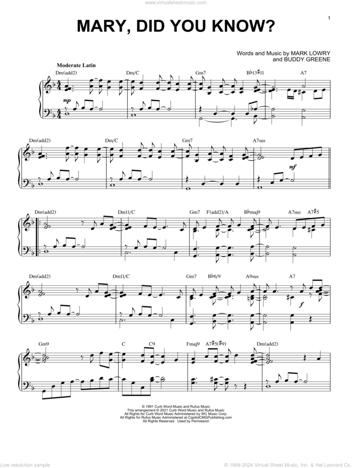 Mary, Did You Know? [Jazz version] (arr. Brent Edstrom) sheet music for piano solo by Kathy Mattea, Brent Edstrom, Buddy Greene and Mark Lowry, intermediate skill level