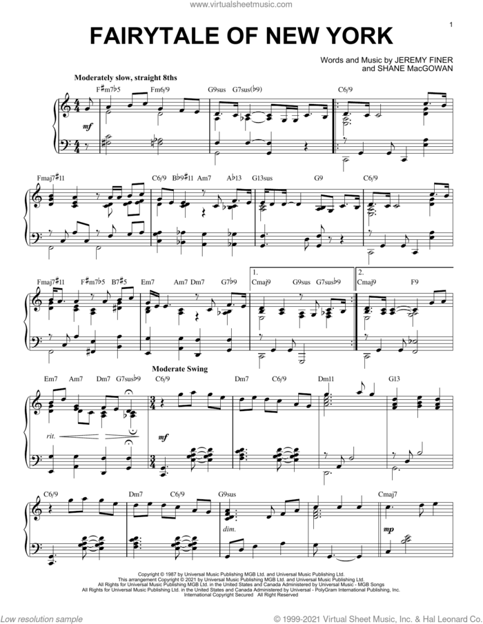 Fairytale Of New York [Jazz version] (arr. Brent Edstrom) sheet music for piano solo by The Pogues featuring Kirsty MacColl, Brent Edstrom, Jeremy Finer and Shane MacGowan, intermediate skill level