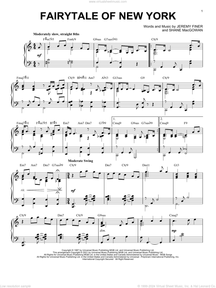 Fairytale Of New York [Jazz version] (arr. Brent Edstrom) sheet music for piano solo by The Pogues featuring Kirsty MacColl, Brent Edstrom, Jeremy Finer and Shane MacGowan, intermediate skill level