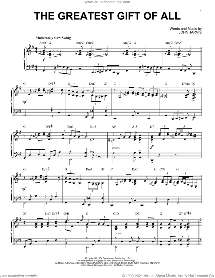 The Greatest Gift Of All [Jazz version] (arr. Brent Edstrom) sheet music for piano solo by Kenny Rogers and Dolly Parton, Brent Edstrom and John Jarvis, intermediate skill level