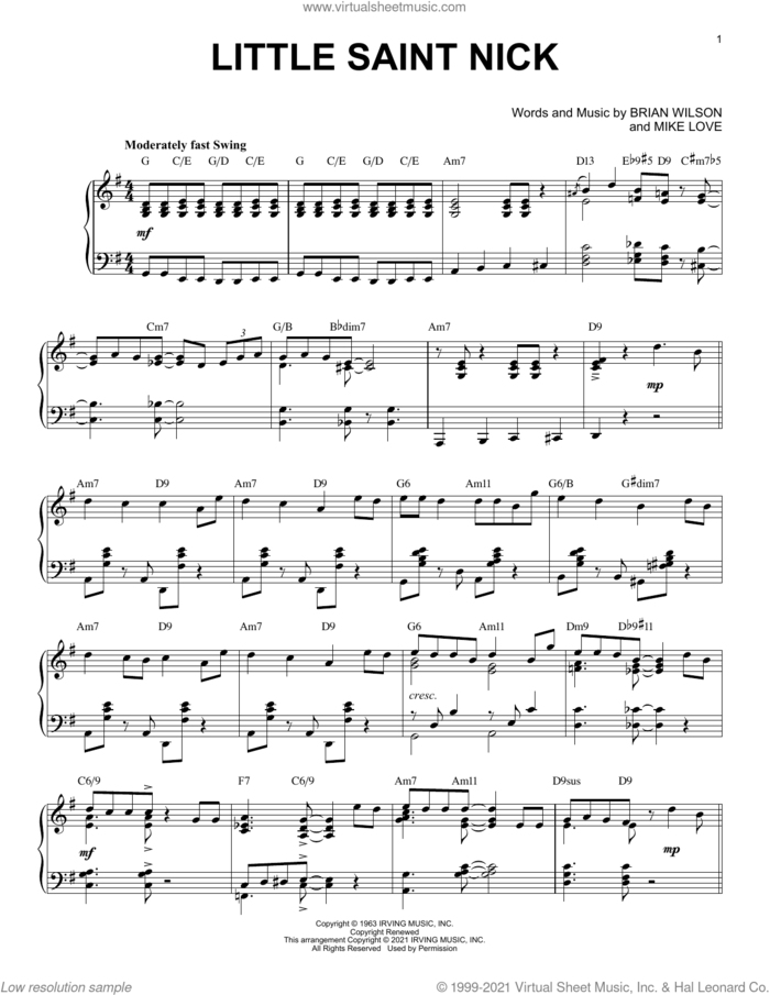 Little Saint Nick [Jazz version] (arr. Brent Edstrom) sheet music for piano solo by The Beach Boys, Brent Edstrom, Brian Wilson and Mike Love, intermediate skill level