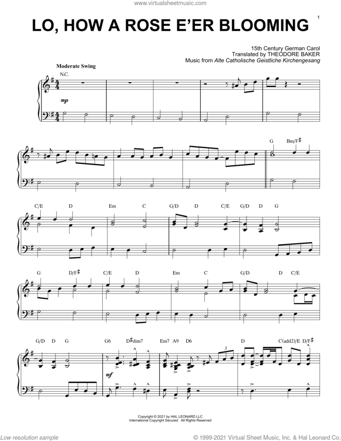 Lo, How A Rose E'er Blooming [Jazz version] (arr. Brent Edstrom) sheet music for piano solo by Alte Catholische Geistliche Ki, Brent Edstrom, 15th Century German Carol and Theodore Baker, intermediate skill level