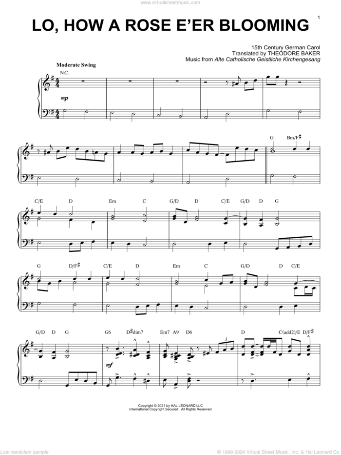 Lo, How A Rose E'er Blooming [Jazz version] (arr. Brent Edstrom) sheet music for piano solo by Alte Catholische Geistliche Ki, Brent Edstrom, 15th Century German Carol and Theodore Baker, intermediate skill level