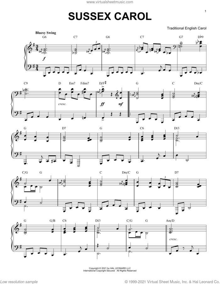 Sussex Carol [Jazz version] (arr. Brent Edstrom) sheet music for piano solo  and Brent Edstrom, classical score, intermediate skill level