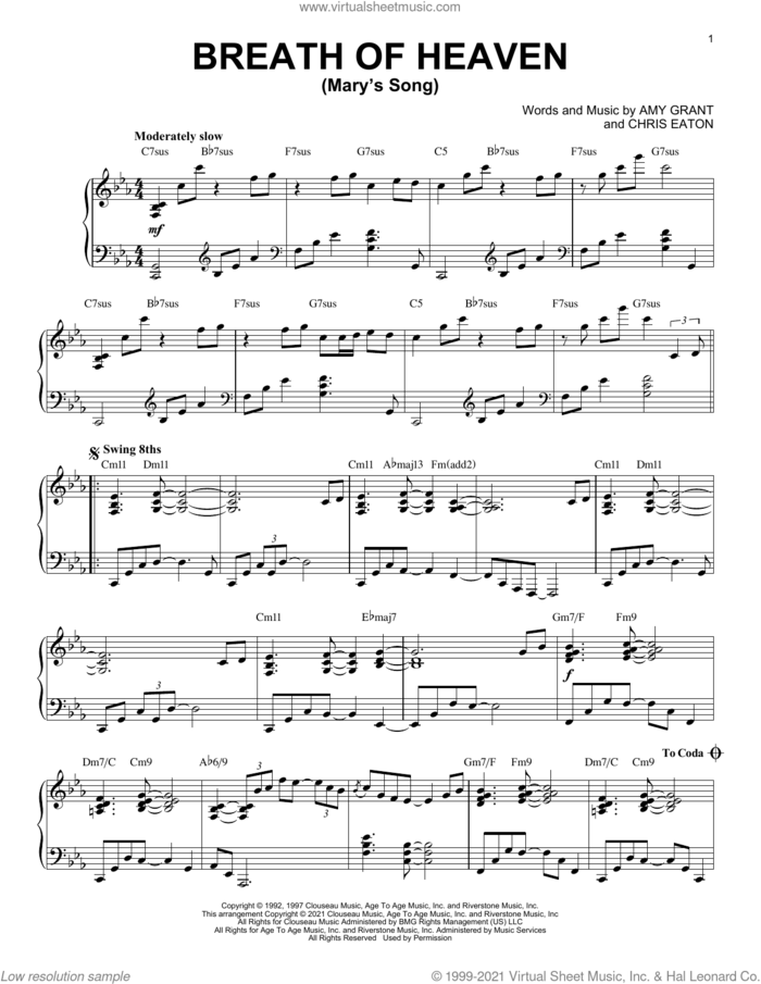 Breath Of Heaven (Mary's Song) [Jazz version] (arr. Brent Edstrom) sheet music for piano solo by Amy Grant, Brent Edstrom and Chris Eaton, intermediate skill level