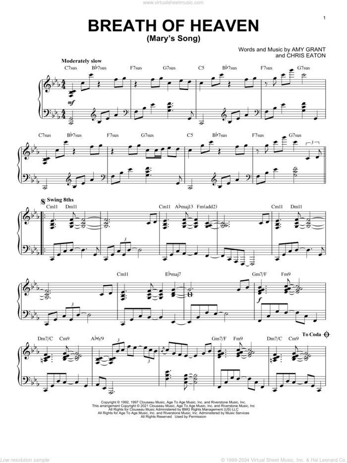 Breath Of Heaven (Mary's Song) [Jazz version] (arr. Brent Edstrom) sheet music for piano solo by Amy Grant, Brent Edstrom and Chris Eaton, intermediate skill level