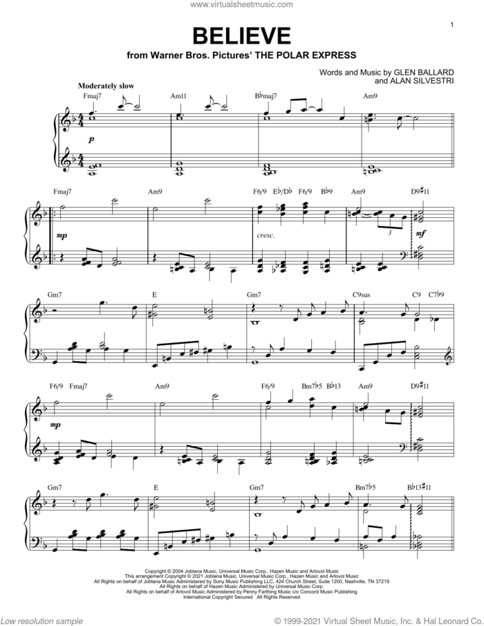 Believe [Jazz version] (from The Polar Express) (arr. Brent Edstrom) sheet music for piano solo by Josh Groban, Brent Edstrom, Alan Silvestri and Glen Ballard, intermediate skill level