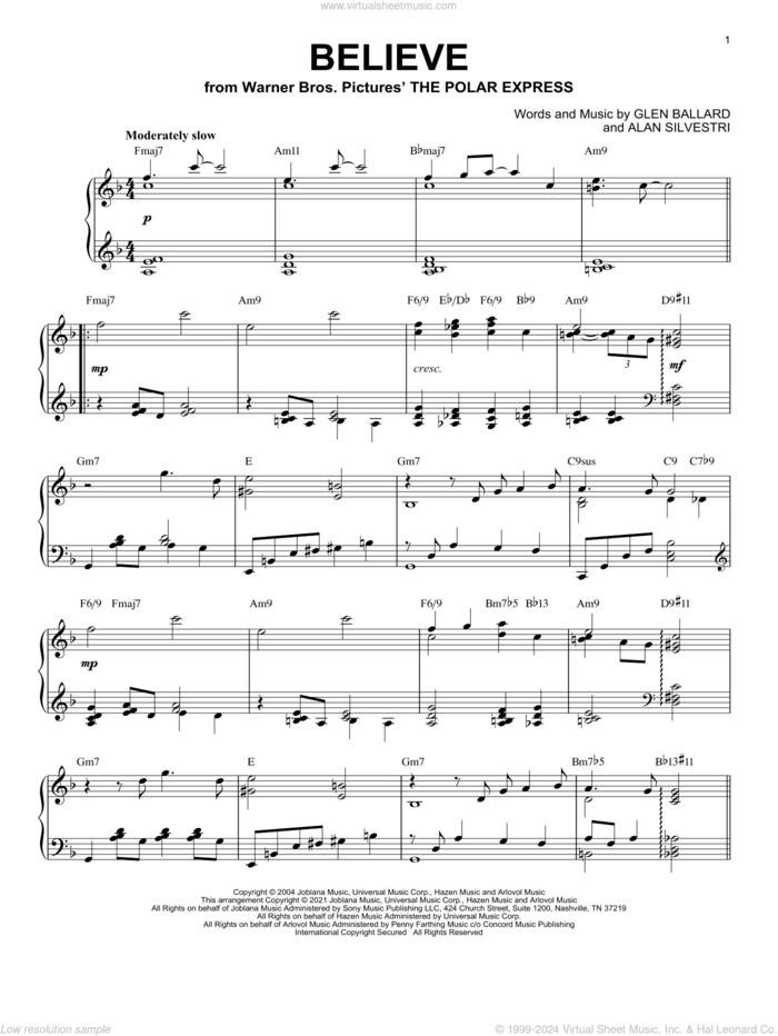 Believe [Jazz version] (from The Polar Express) (arr. Brent Edstrom) sheet music for piano solo by Josh Groban, Brent Edstrom, Alan Silvestri and Glen Ballard, intermediate skill level