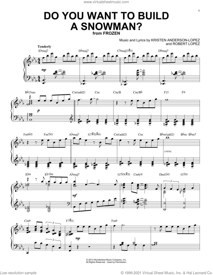 Do You Want To Build A Snowman? [Jazz version] (from Frozen) (arr. Brent Edstrom) sheet music for piano solo by Kristen Bell, Agatha Lee Monn & Katie Lopez, Brent Edstrom, Kristen Anderson-Lopez and Robert Lopez, intermediate skill level