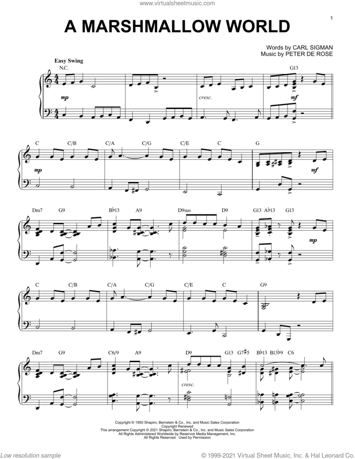 A Marshmallow World [Jazz version] (arr. Brent Edstrom) sheet music for piano solo by Carl Sigman & Peter De Rose, Brent Edstrom, Carl Sigman and Peter DeRose, intermediate skill level