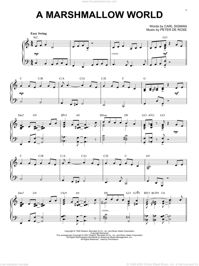 A Marshmallow World [Jazz version] (arr. Brent Edstrom) sheet music for piano solo by Carl Sigman & Peter De Rose, Brent Edstrom, Carl Sigman and Peter DeRose, intermediate skill level