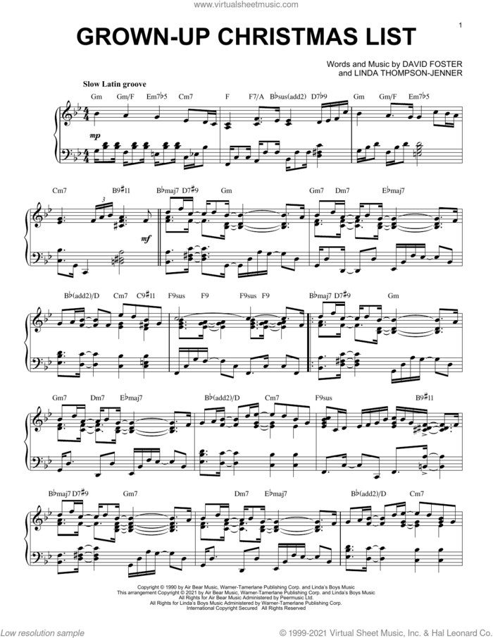 Grown-Up Christmas List [Jazz version] (arr. Brent Edstrom) sheet music for piano solo by Amy Grant, Brent Edstrom, David Foster and Linda Thompson-Jenner, intermediate skill level