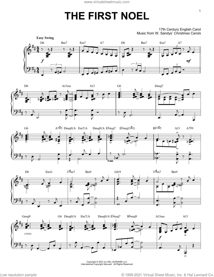 The First Noel [Jazz version] (arr. Brent Edstrom) sheet music for piano solo by W. Sandys' Christmas Carols, Brent Edstrom and Miscellaneous, intermediate skill level