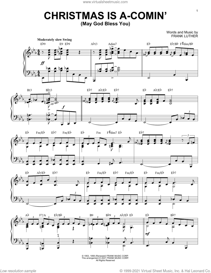 Christmas Is A-Comin' (May God Bless You) [Jazz version] (arr. Brent Edstrom) sheet music for piano solo by Frank Luther and Brent Edstrom, intermediate skill level