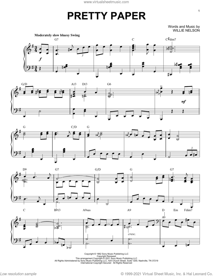 Pretty Paper [Jazz version] (arr. Brent Edstrom) sheet music for piano solo by Willie Nelson, Brent Edstrom and Roy Orbison, intermediate skill level