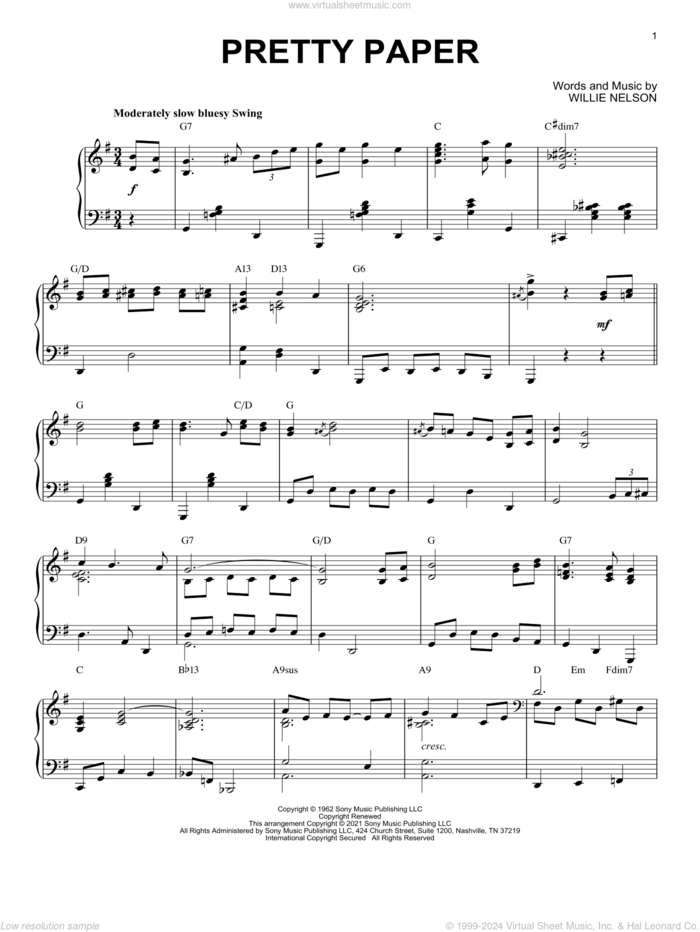 Pretty Paper [Jazz version] (arr. Brent Edstrom) sheet music for piano solo by Willie Nelson, Brent Edstrom and Roy Orbison, intermediate skill level