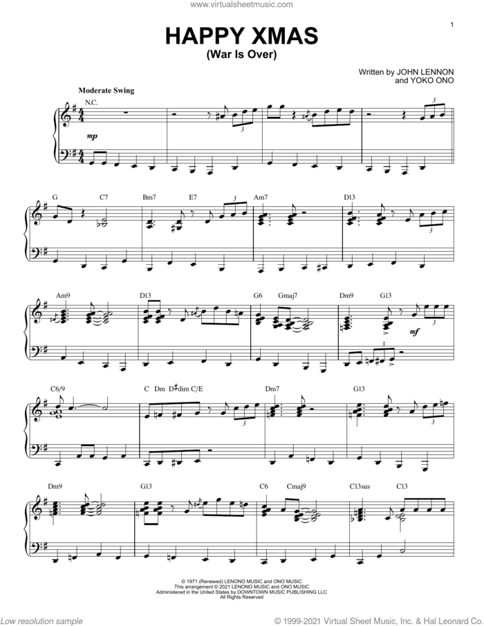 Happy Xmas (War Is Over) [Jazz version] (arr. Brent Edstrom) sheet music for piano solo by John Lennon, Brent Edstrom and Yoko Ono, intermediate skill level