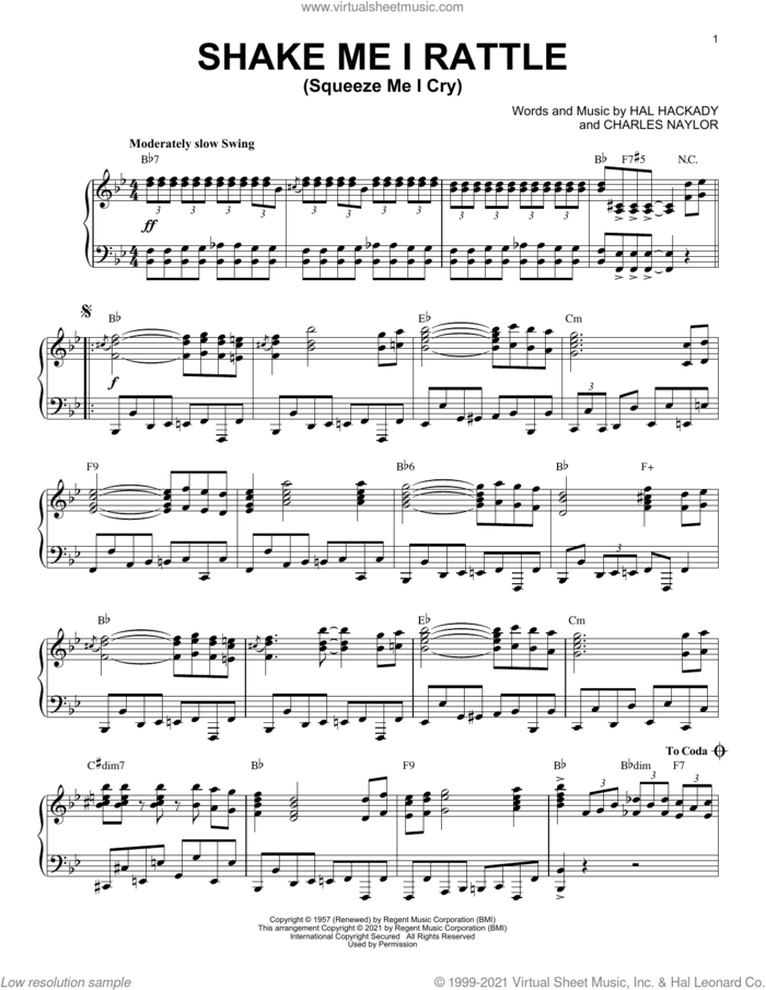Shake Me I Rattle (Squeeze Me I Cry) [Jazz version] (arr. Brent Edstrom) sheet music for piano solo by Marion Worth, Brent Edstrom, Charles Naylor and Hal Clayton Hackady, intermediate skill level