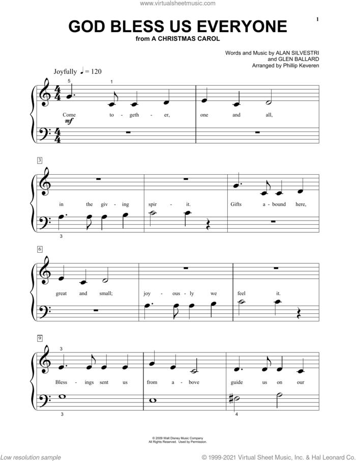 God Bless Us Everyone (from Disney's A Christmas Carol) (arr. Phillip Keveren) sheet music for piano solo by Andrea Bocelli, Phillip Keveren, Alan Silvestri and Glen Ballard, beginner skill level
