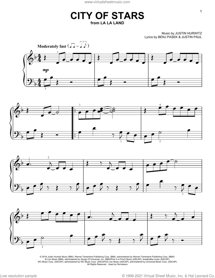 City Of Stars (from La La Land), (easy) sheet music for piano solo by Ryan Gosling & Emma Stone, Benj Pasek, Justin Hurwitz and Justin Paul, easy skill level