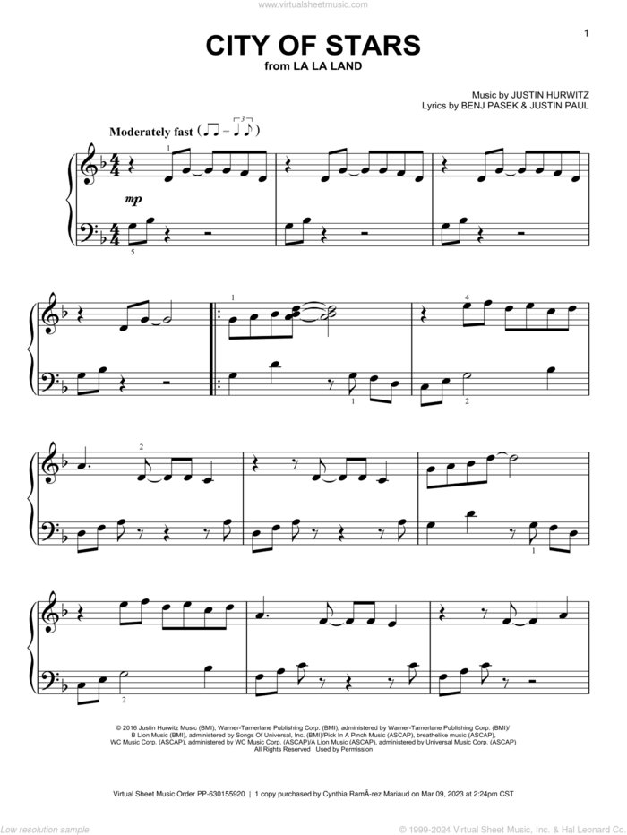 City Of Stars (from La La Land), (easy) sheet music for piano solo by Ryan Gosling & Emma Stone, Benj Pasek, Justin Hurwitz and Justin Paul, easy skill level