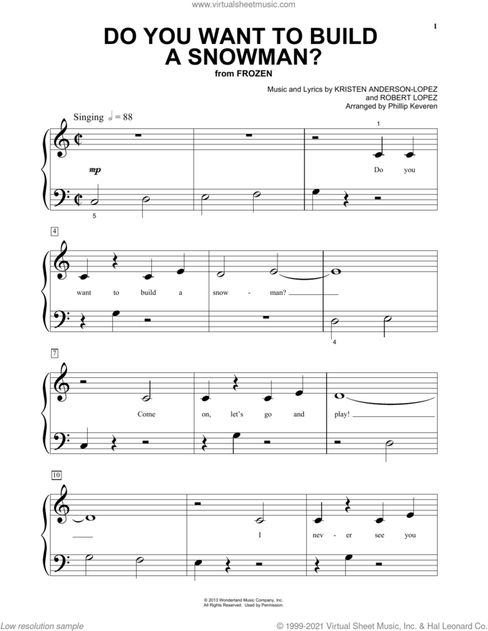 Do You Want To Build A Snowman? (from Frozen) (arr. Phillip Keveren) sheet music for piano solo by Kristen Bell, Agatha Lee Monn & Katie Lopez, Phillip Keveren, Kristen Anderson-Lopez and Robert Lopez, beginner skill level