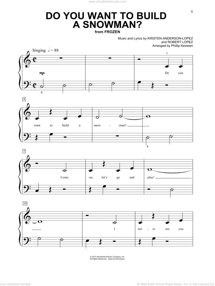 Do You Want To Build A Snowman? (from Frozen) (arr. Phillip Keveren) sheet music for piano solo by Kristen Bell, Agatha Lee Monn & Katie Lopez, Phillip Keveren, Kristen Anderson-Lopez and Robert Lopez, beginner skill level