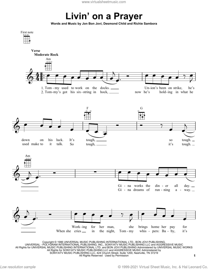 Livin' On A Prayer sheet music for ukulele by Bon Jovi, Desmond Child and Richie Sambora, intermediate skill level