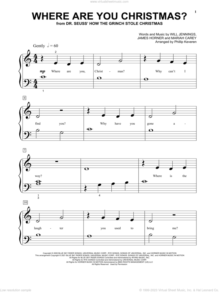 Where Are You Christmas? (from How The Grinch Stole Christmas) (arr. Phillip Keveren) sheet music for piano solo by Faith Hill, Phillip Keveren, James Horner, Mariah Carey and Will Jennings, beginner skill level