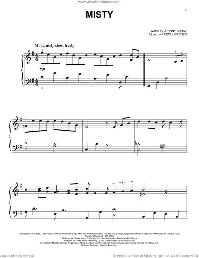Misty, (easy) sheet music for piano solo by Johnny Mathis, Erroll Garner and John Burke, easy skill level