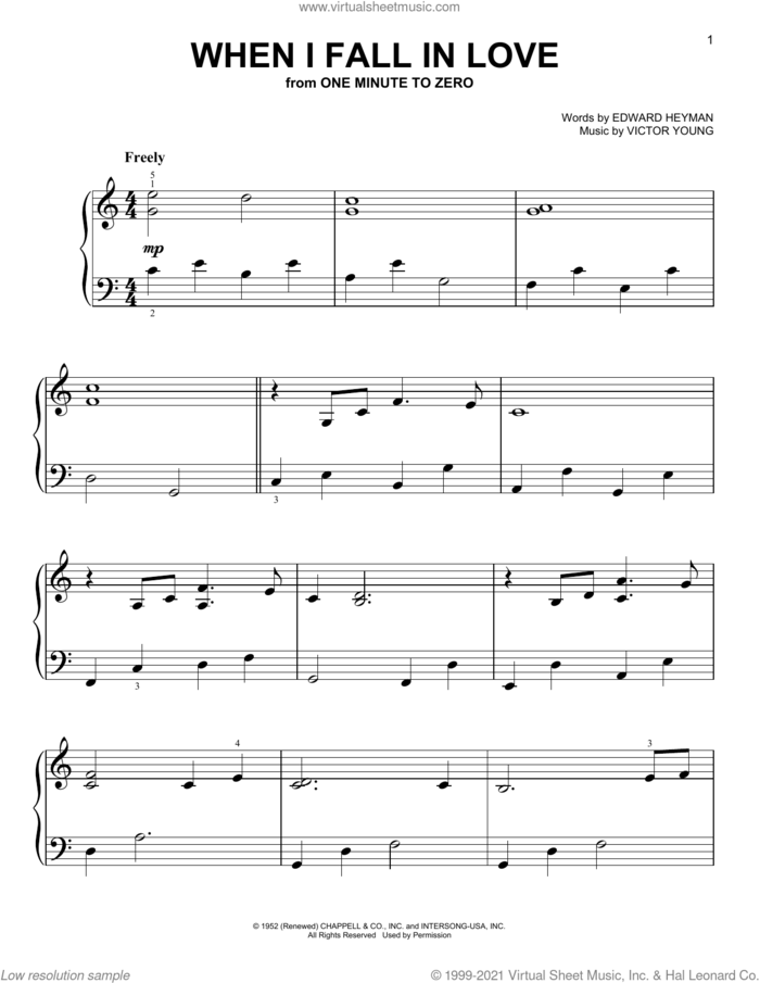 When I Fall In Love, (easy) sheet music for piano solo by Victor Young, Carpenters, Celine Dion and Clive Griffin, The Lettermen and Edward Heyman, easy skill level