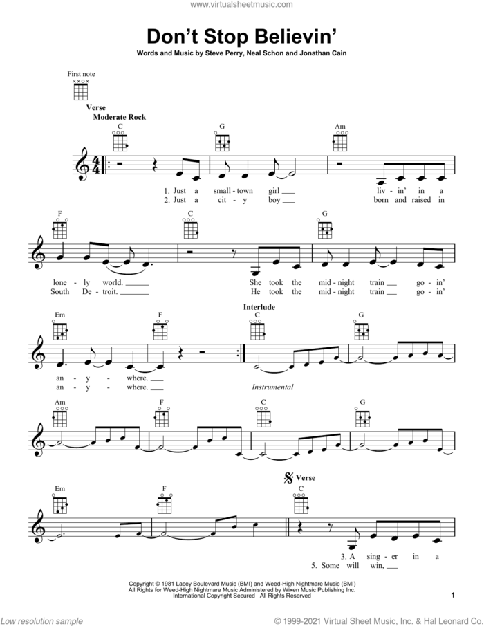 Don't Stop Believin' sheet music for ukulele by Journey, Jonathan Cain, Neal Schon and Steve Perry, intermediate skill level