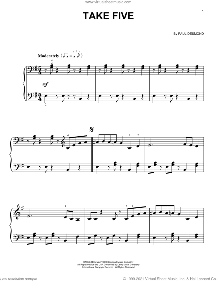 Take Five (arr. Phillip Keveren) sheet music for piano solo by Paul Desmond, easy skill level