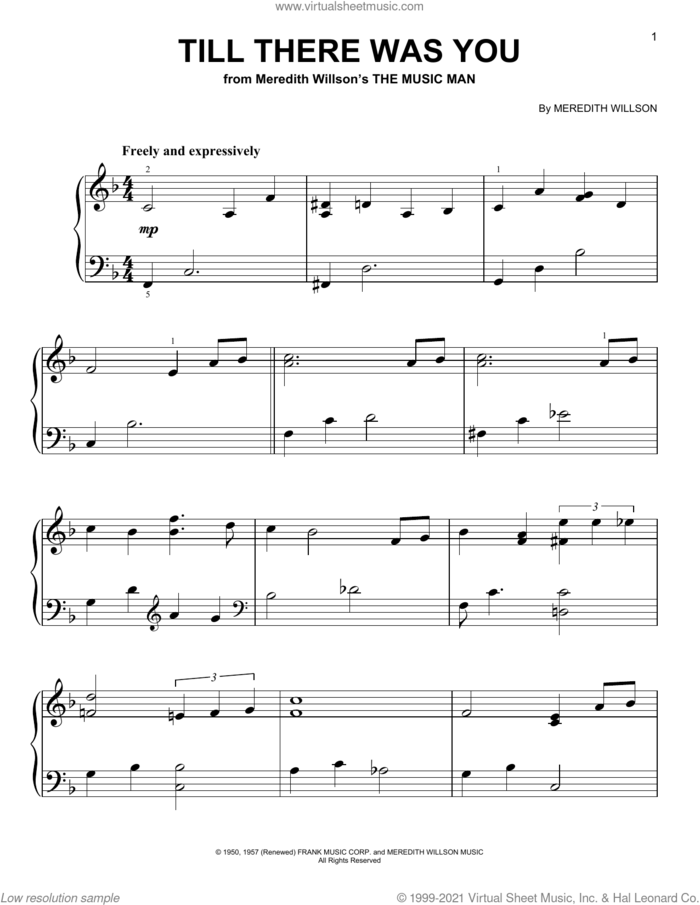 Till There Was You (from The Music Man) sheet music for piano solo by Meredith Willson, wedding score, easy skill level