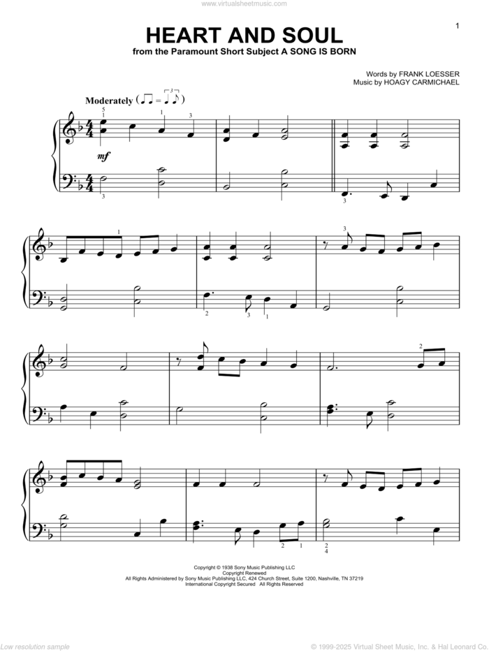 Heart And Soul, (easy) sheet music for piano solo by Hoagy Carmichael and Frank Loesser, easy skill level