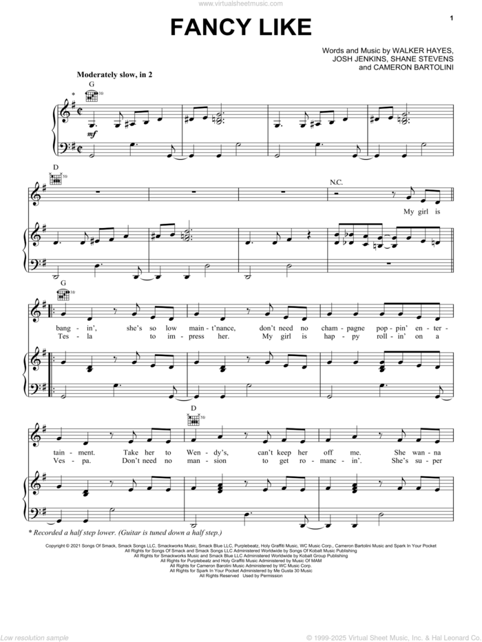 Fancy Like sheet music for voice, piano or guitar by Walker Hayes, Cameron Bartolini, Josh Jenkins and Shane Stevens, intermediate skill level