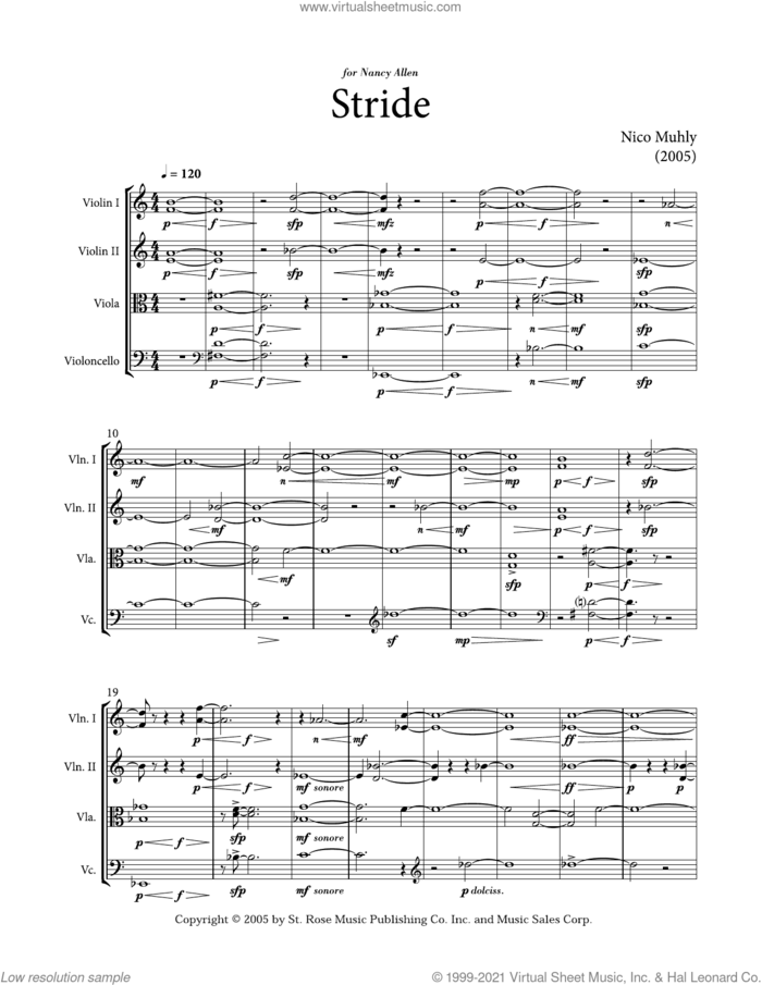 Stride sheet music for string quartet (score ands) by Nico Muhly, classical score, intermediate skill level
