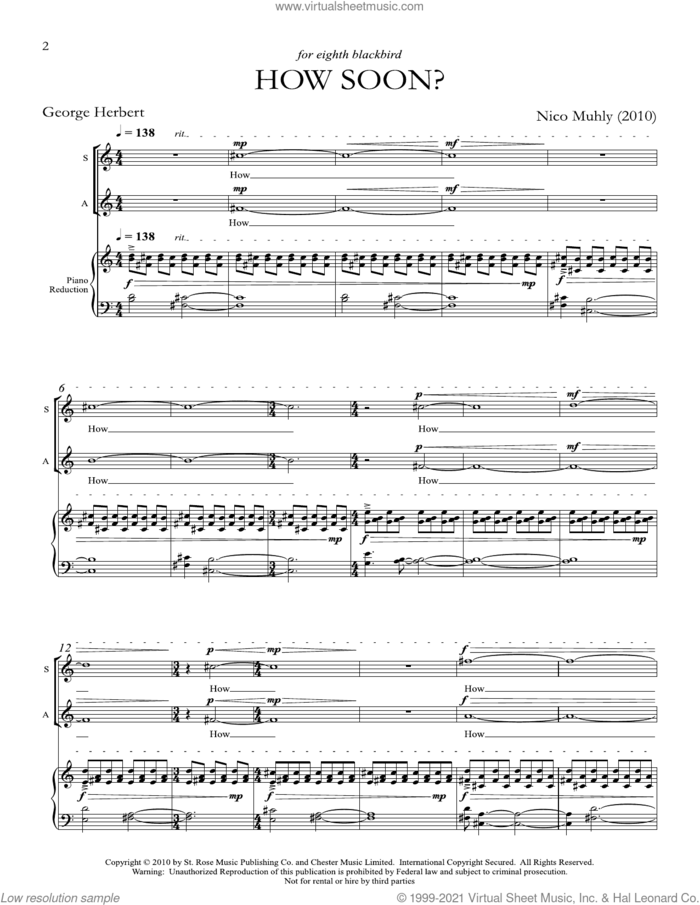 How Soon? sheet music for choir (SSAA: soprano, alto) by Nico Muhly, classical score, intermediate skill level
