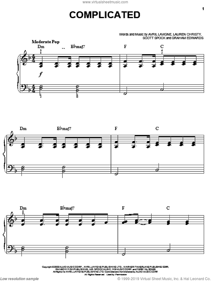 Complicated sheet music for piano solo by Avril Lavigne, Lauren Christy and Scott Spock, easy skill level