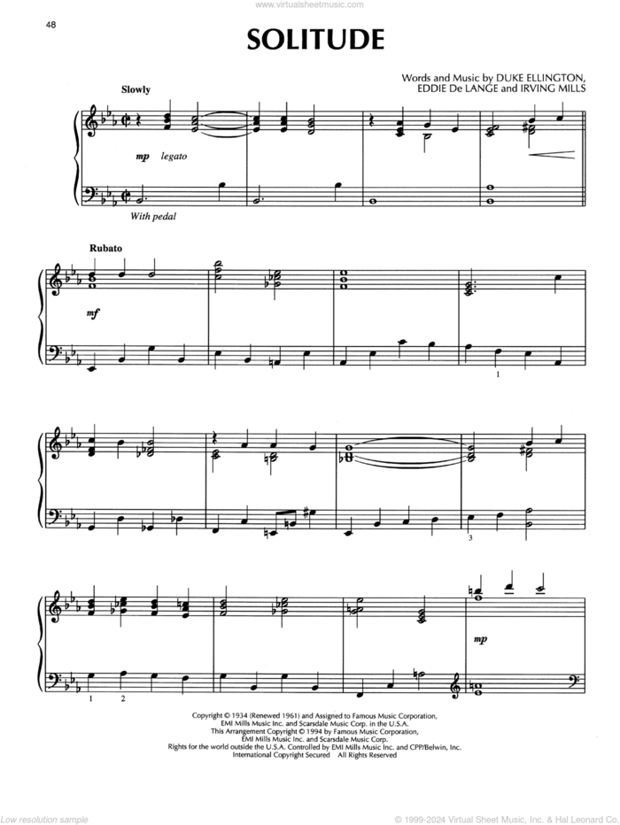 Solitude (arr. Bill Boyd) sheet music for piano solo by Duke Ellington, Bill Boyd, Eddie DeLange and Irving Mills, intermediate skill level