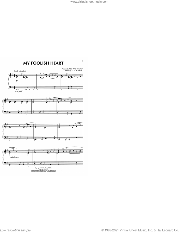 My Foolish Heart (arr. Bill Boyd) sheet music for piano solo by Demensions, Bill Boyd, Ned Washington and Victor Young, intermediate skill level