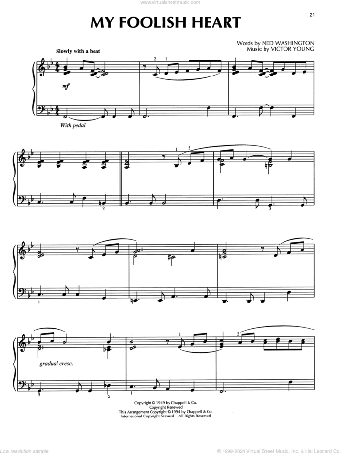 My Foolish Heart (arr. Bill Boyd) sheet music for piano solo by Demensions, Bill Boyd, Ned Washington and Victor Young, intermediate skill level