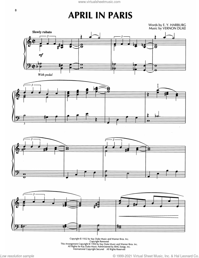 April In Paris (arr. Bill Boyd) sheet music for piano solo by Count Basie, Bill Boyd, Coleman Hawkins, Modernaires, E.Y. Harburg and Vernon Duke, intermediate skill level